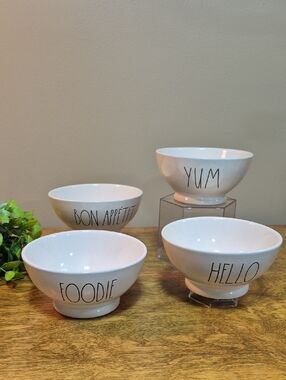 RAE DUNN Artisan Collection White Ceramic Footed Bowls Black Lettering, Set Of 4